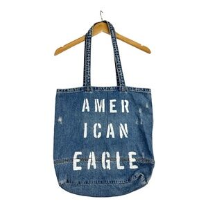 American Eagle‎ Denim Tote Bag Distressed Blue Jean Medium Size 17" x 15"